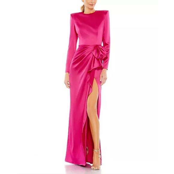 Mac DuggalLong Sleeve Structured Bow Draped Gown